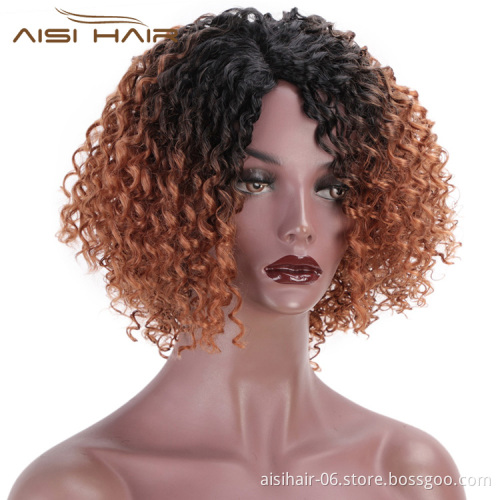 Aisi Hair Ombre Brown Kinky Curly Short Wigs Heat Resistant Synthetic Fiber Afro Curly Short Bob Wigs for Women